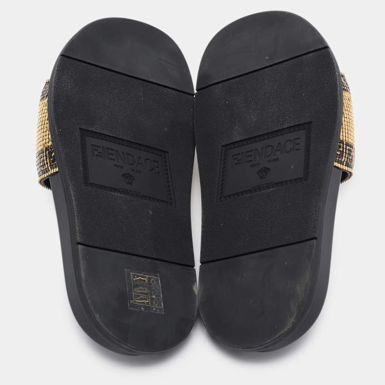 Pre Owned Fendi x Versace Gold/Black Metal Mesh Pool Slides Size 38