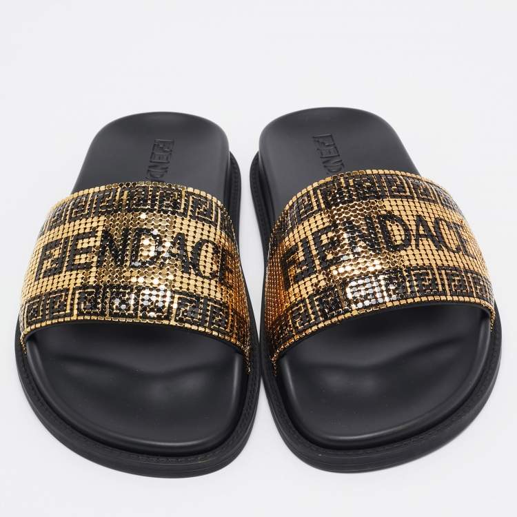 Pre Owned Fendi x Versace Gold/Black Metal Mesh Pool Slides Size 38