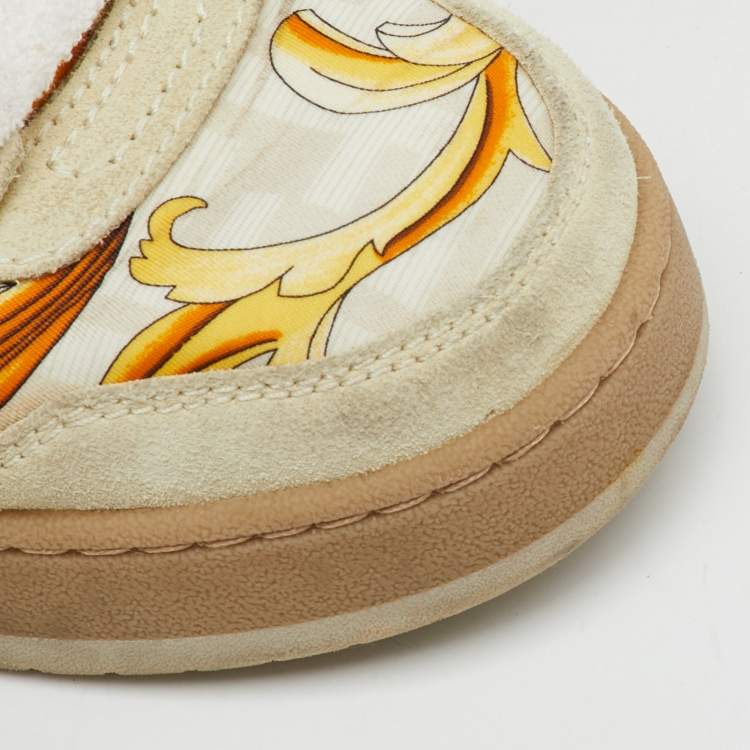Pre Owned Fendi x Versace Beige/Gold Leather and Suede Match Sneakers Size 36