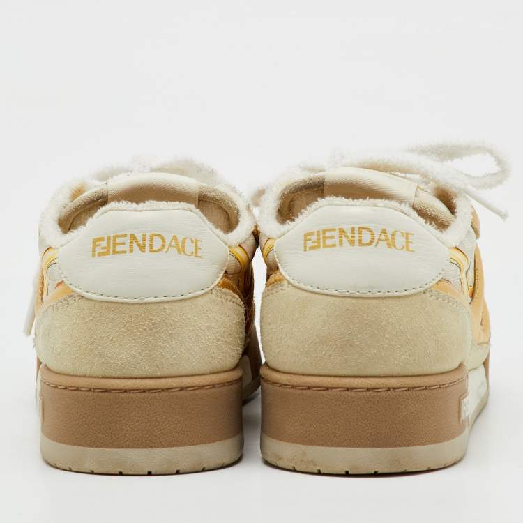 Pre Owned Fendi x Versace Beige/Gold Leather and Suede Match Sneakers Size 36