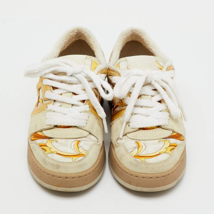 Pre Owned Fendi x Versace Beige/Gold Leather and Suede Match Sneakers Size 36