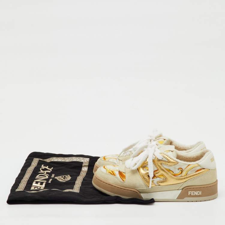 Pre Owned Fendi x Versace Beige/Gold Leather and Suede Match Sneakers Size 36