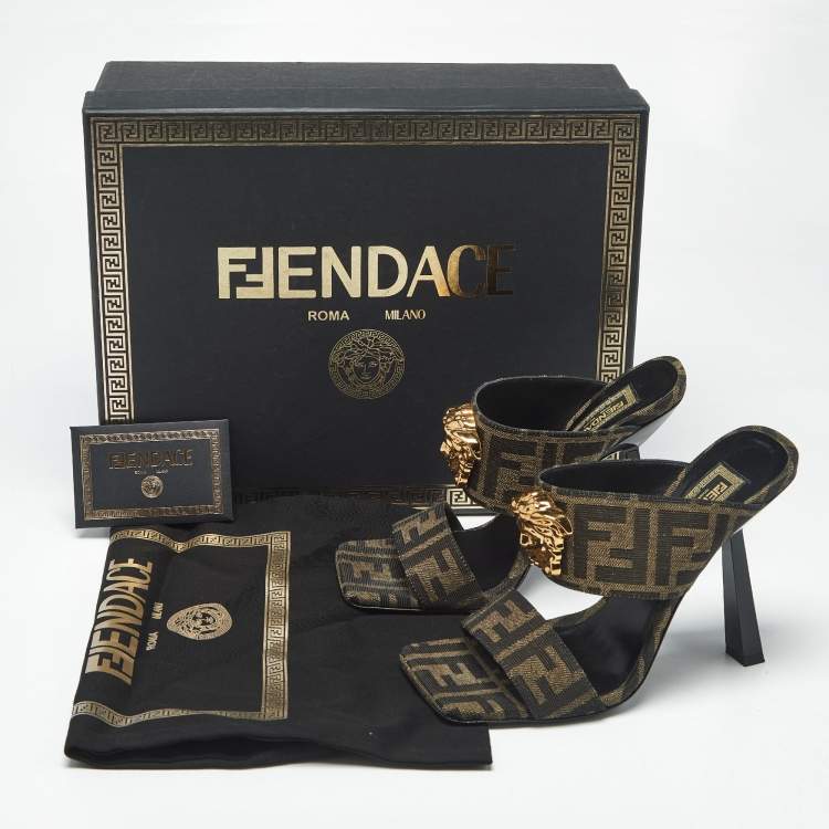 Pre Owned Fendi x Versace Brown Zucca Canvas Medusa Slide Sandals Size 36.5