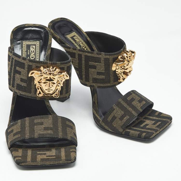 Pre Owned Fendi x Versace Brown Zucca Canvas Medusa Slide Sandals Size 36.5