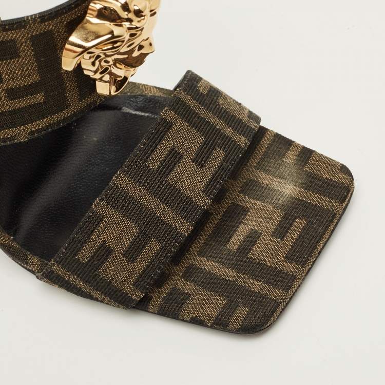 Pre Owned Fendi x Versace Size 40 Brown Zucca Canvas Medusa Slide Sandals 