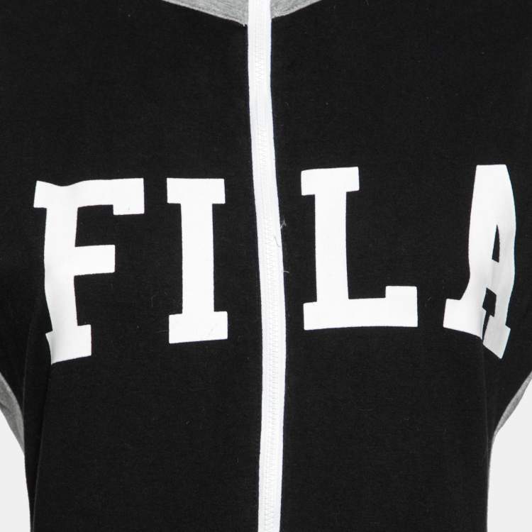 Pre Owned Fila Black & Grey Logo Printed Cotton Sleeveless Jumpsuit M