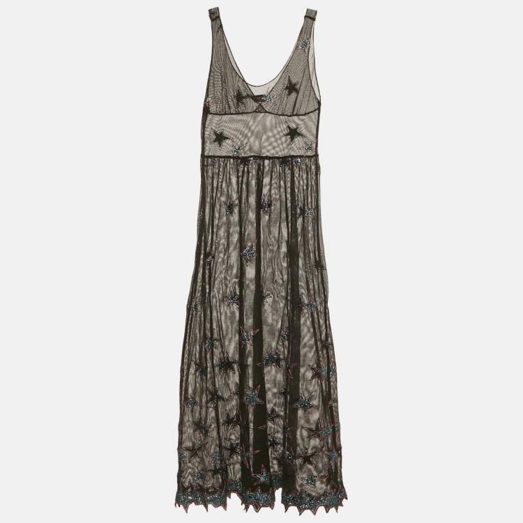 مملوكة مسبقًا Fleur du Mal Black Star Embroidered Mesh Sheer Midi Dress M