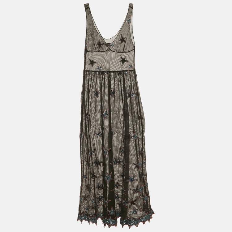 مملوكة مسبقًا Fleur du Mal Black Star Embroidered Mesh Sheer Midi Dress M