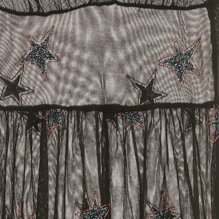 مملوكة مسبقًا Fleur du Mal Black Star Embroidered Mesh Sheer Midi Dress M