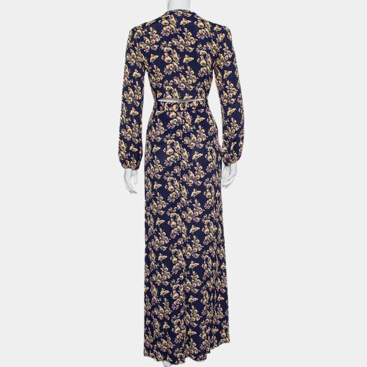 Pre Owned Flynn Skye Navy Blue Floral Print Wrap Top & Skirt Set S