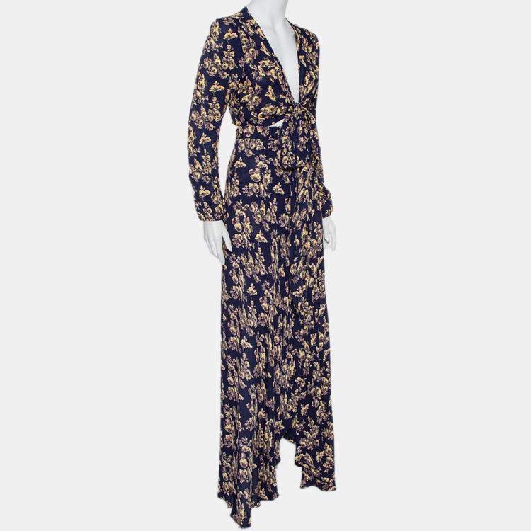Pre Owned Flynn Skye Navy Blue Floral Print Wrap Top & Skirt Set S