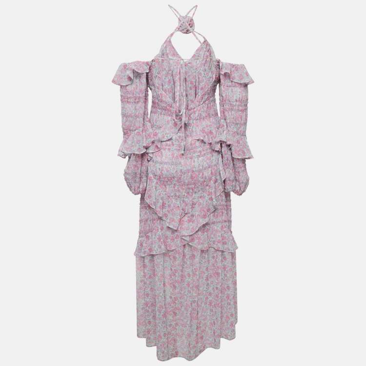 Pre Owned For Love & Lemons Pink Floral Print Chiffon Ruffled Rowan Maxi Dress S