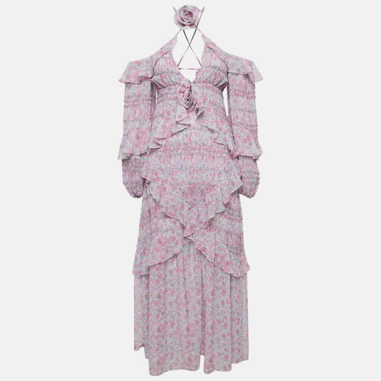 Pre Owned For Love & Lemons Pink Floral Print Chiffon Ruffled Rowan Maxi Dress S
