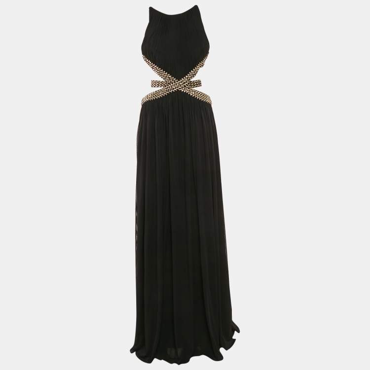 مملوكة مسبقًا Forever Unique Black Mesh Contrast Gold Trim Detail Maxi Dress M
