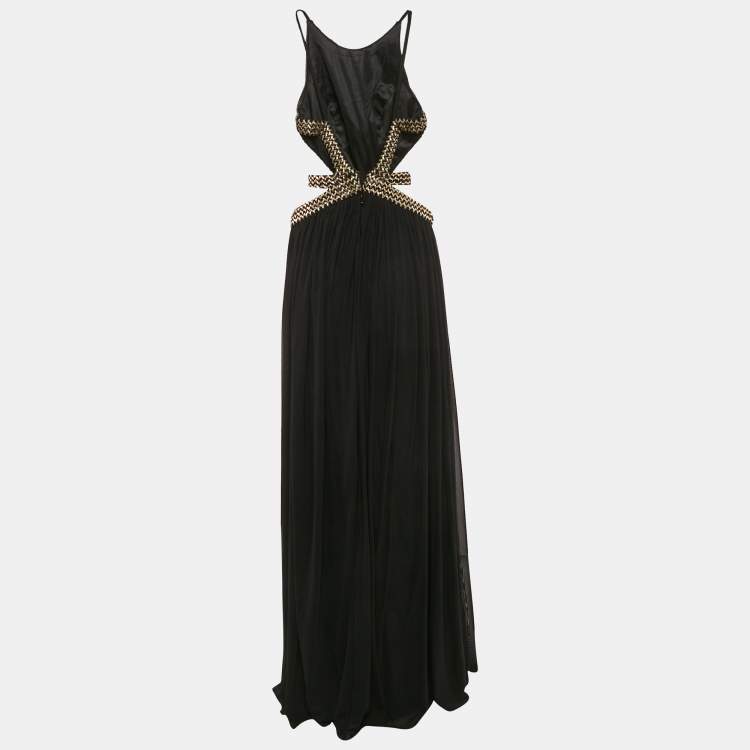 مملوكة مسبقًا Forever Unique Black Mesh Contrast Gold Trim Detail Maxi Dress M