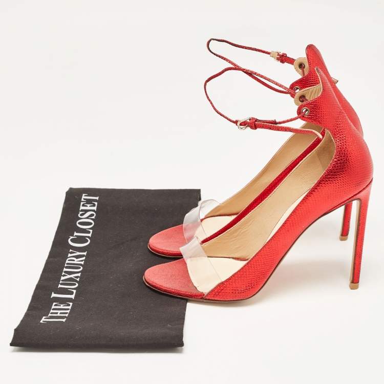 Pre Owned Francesco Russo Red Leather and PVC Open Toe Ankle Strap Pumps Size 38