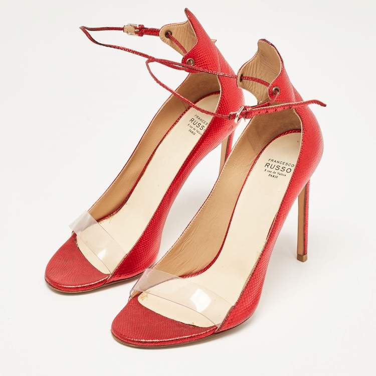 Pre Owned Francesco Russo Red Leather and PVC Open Toe Ankle Strap Pumps Size 38