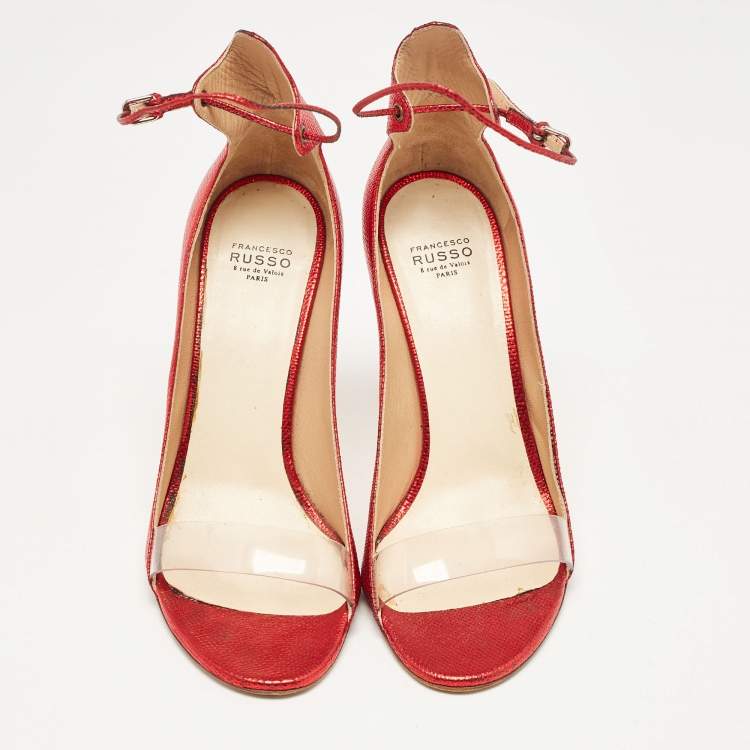 Pre Owned Francesco Russo Red Leather and PVC Open Toe Ankle Strap Pumps Size 38