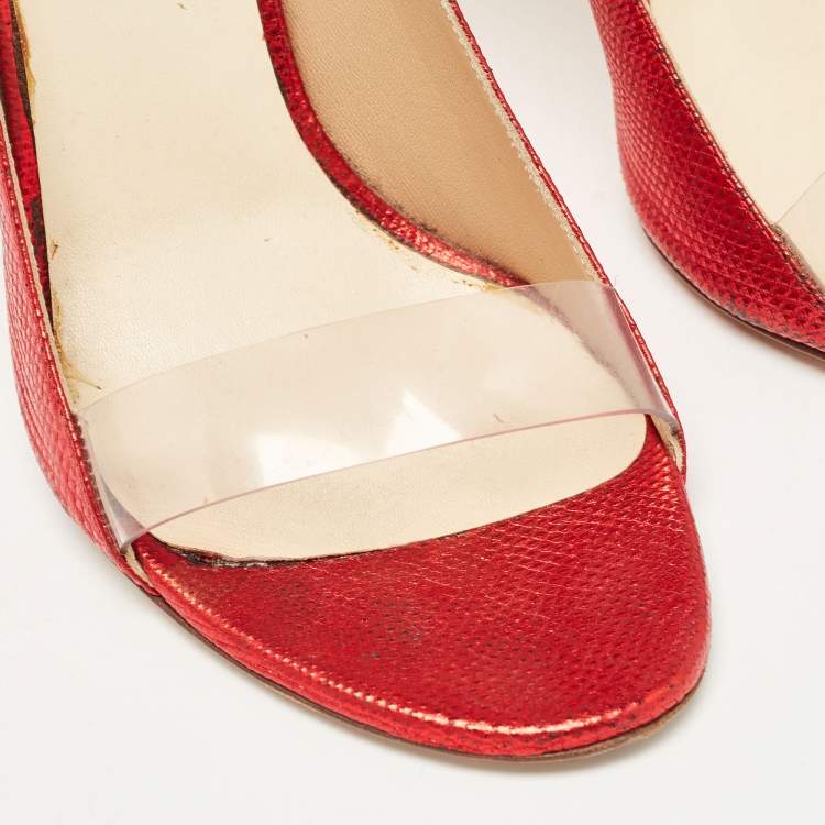 Pre Owned Francesco Russo Red Leather and PVC Open Toe Ankle Strap Pumps Size 38