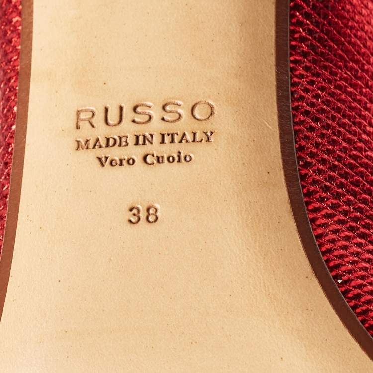 Pre Owned Francesco Russo Red Leather and PVC Open Toe Ankle Strap Pumps Size 38
