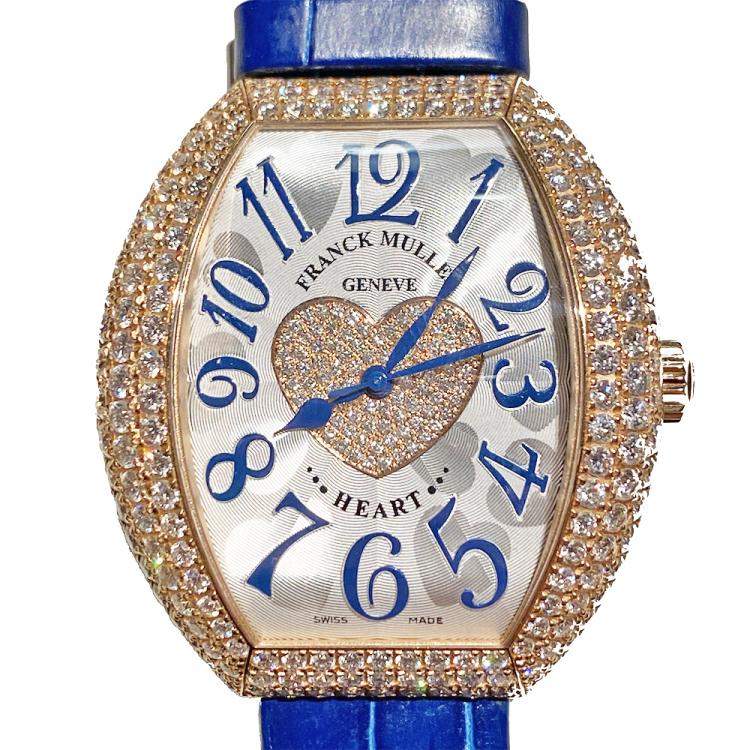 Pre Owned Franck Muller Silver 18K Rose Gold Leather Diamond Pave Heart 5000 H SC D3 1P Women's Wristwatch 39mm