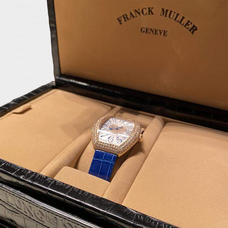 Pre Owned Franck Muller Silver 18K Rose Gold Leather Diamond Pave Heart 5000 H SC D3 1P Women's Wristwatch 39mm