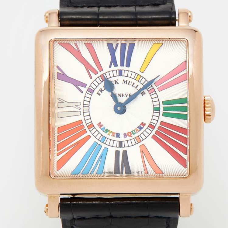 Pre Owned  Franck Muller Silver 18K Rose Gold Alligator Leather Master Square Color Dreams 6002 M QZ R Women's Wristwatch 32.50 mm