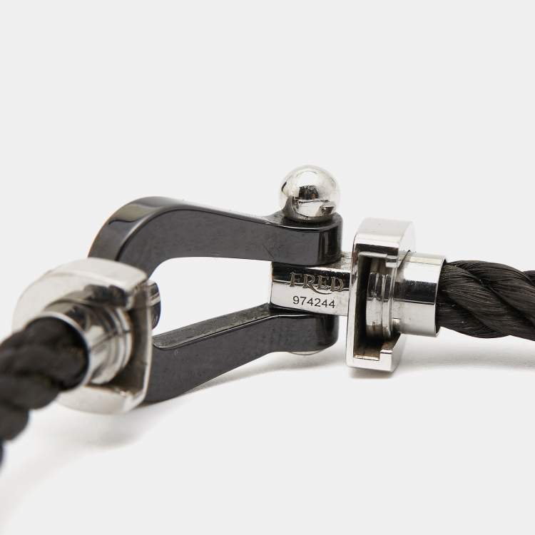 Pre Owned Fred Force 10 Cord Black Diamond Ceramic 18k White Gold Bracelet 16