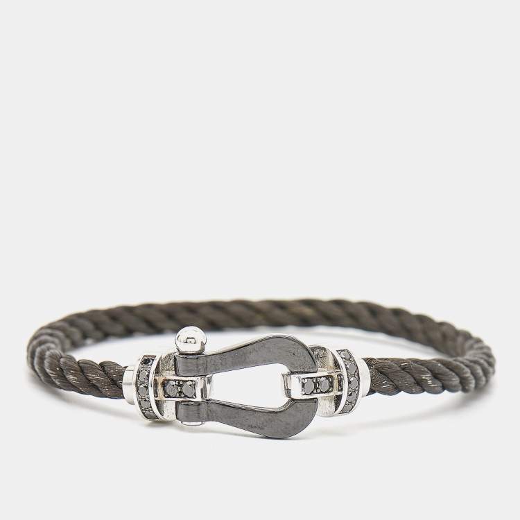 Pre Owned Fred Force 10 Cord Black Diamond Ceramic 18k White Gold Bracelet 16