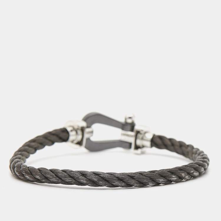 Pre Owned Fred Force 10 Cord Black Diamond Ceramic 18k White Gold Bracelet 16