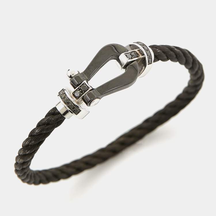 Pre Owned Fred Force 10 Cord Black Diamond Ceramic 18k White Gold Bracelet 16