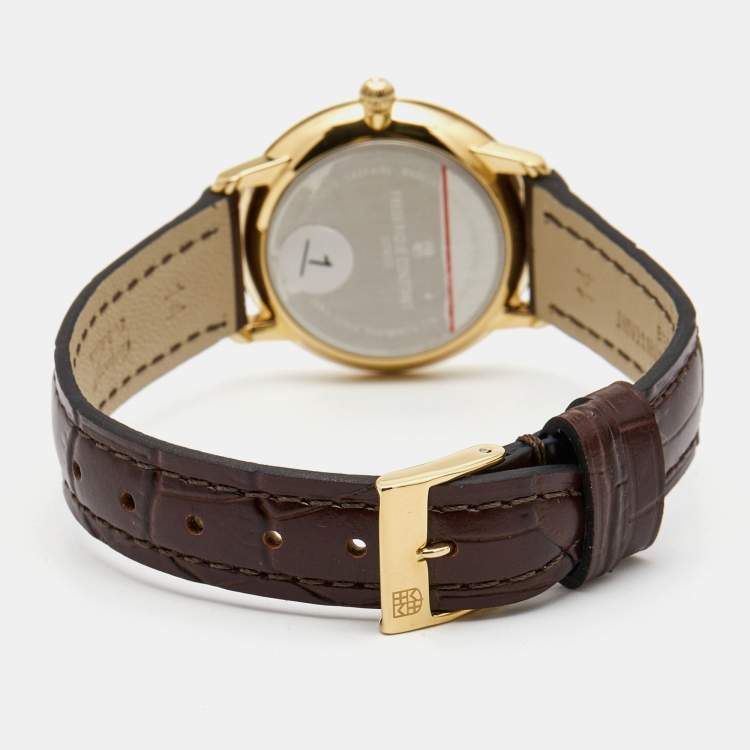 Pre Owned Frederique Constant Silver Gold Plated Stainless Steel Crococalf Slimline FC-235M1S5 Women's Wristwatch 28.6 mm 