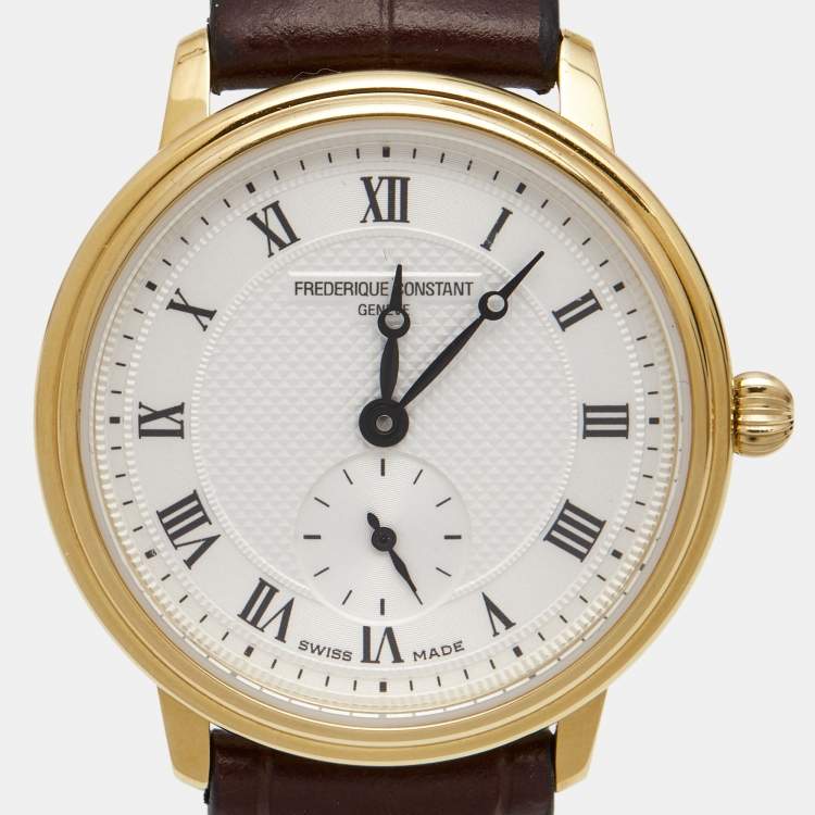 Pre Owned Frederique Constant Silver Gold Plated Stainless Steel Crococalf Slimline FC-235M1S5 Women's Wristwatch 28.6 mm 