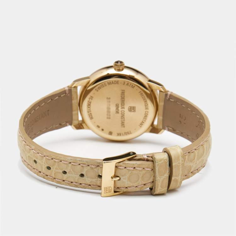 Pre Owned Frederique Constant White MOP Slimline Moonphase 18K Gold FC-206MPWD1SD9 Women's Wristwatch 30MM