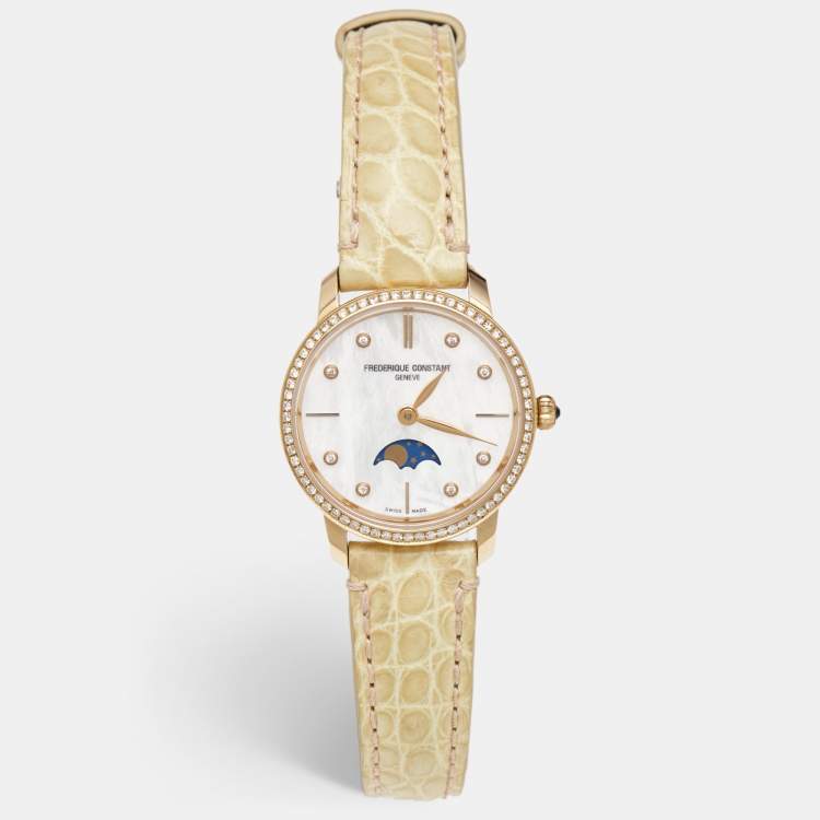 Pre Owned Frederique Constant White MOP Slimline Moonphase 18K Gold FC-206MPWD1SD9 Women's Wristwatch 30MM