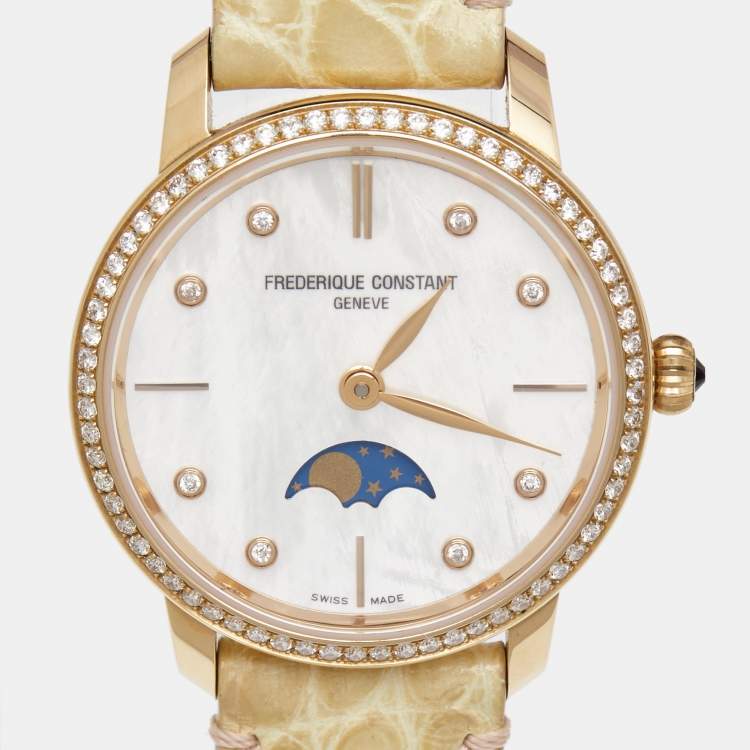 Pre Owned Frederique Constant White MOP Slimline Moonphase 18K Gold FC-206MPWD1SD9 Women's Wristwatch 30MM