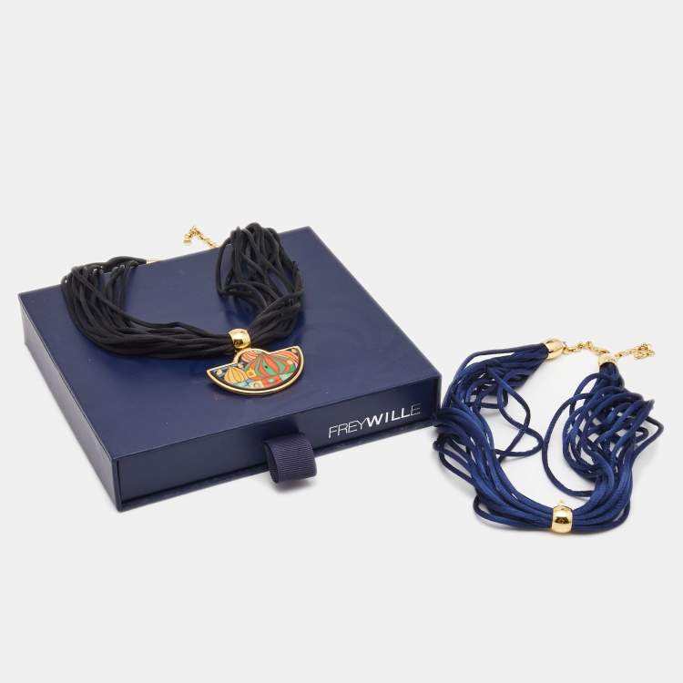 Pre Owned Frey Wille Fire Enamel Gold Tone Cord Necklace