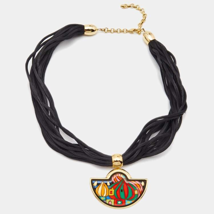 Pre Owned Frey Wille Fire Enamel Gold Tone Cord Necklace
