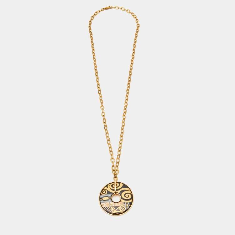 Pre Owned FreyWille Gustav Klimt Adele Bloch-Bauer Luna Piena Fire Enamel Gold Tone Pendant Necklace