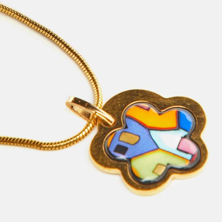 Pre Owned Frey Wille Flower Fire Enamel Gold Tone Pendant Necklace