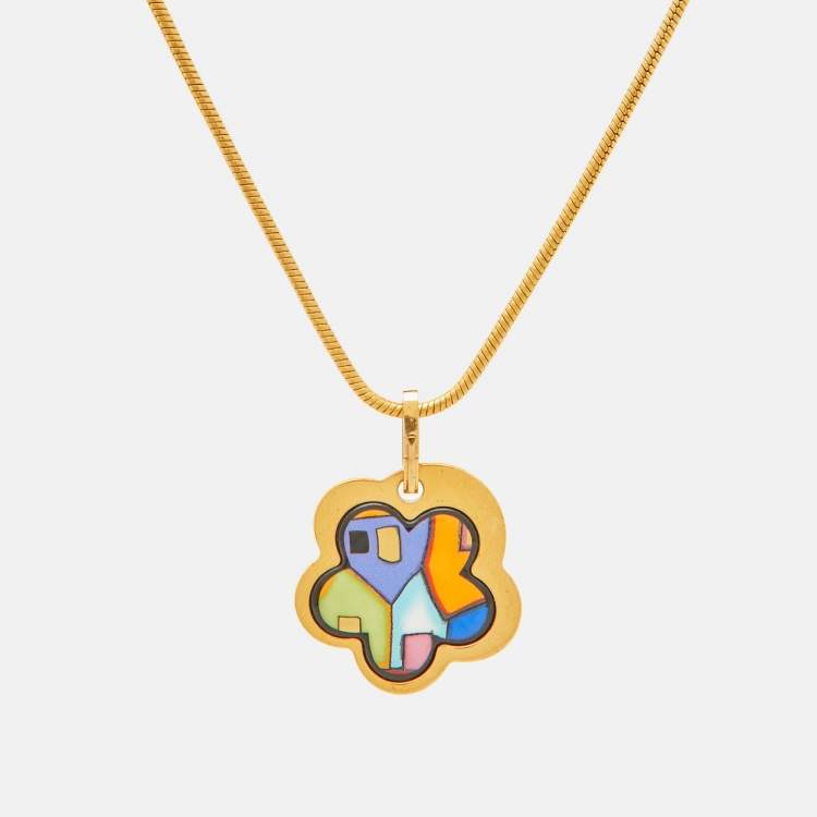 Pre Owned Frey Wille Flower Fire Enamel Gold Tone Pendant Necklace