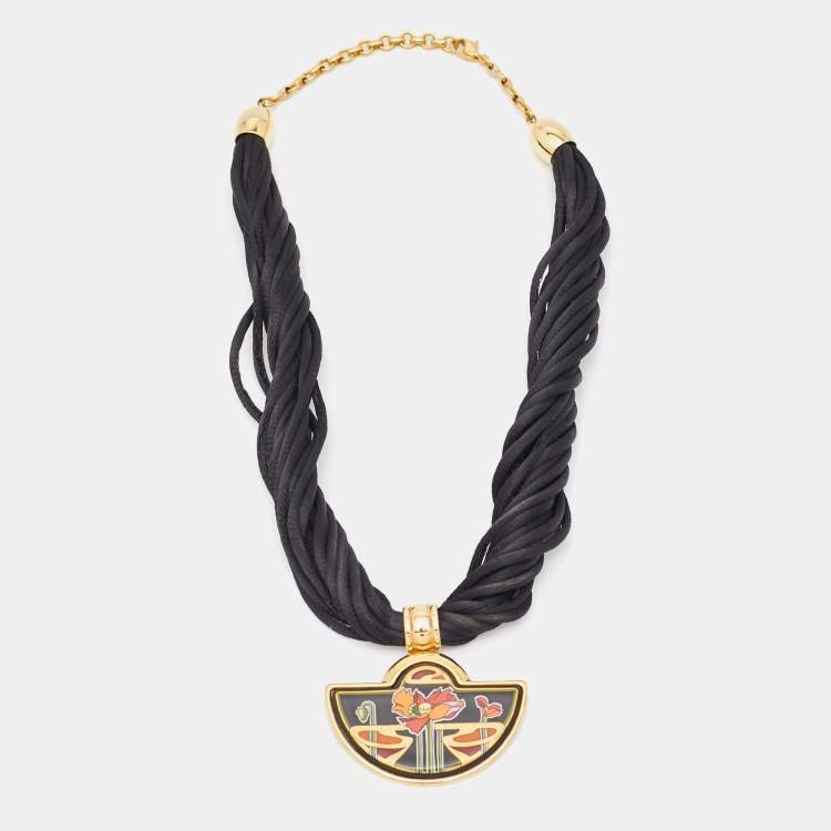 Pre Owned Frey Wille Alphonse Mucha Fire Enamel Gold Tone Cord Necklace