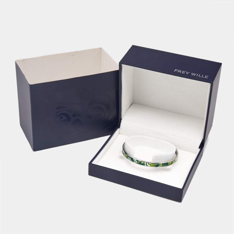Pre Owned Frey Wille Green Fire Enamel Silver Tone Ultra Bangle Bracelet