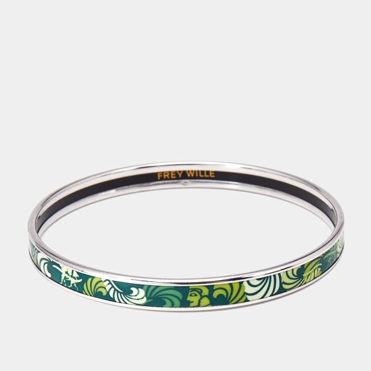 Pre Owned Frey Wille Green Fire Enamel Silver Tone Ultra Bangle Bracelet