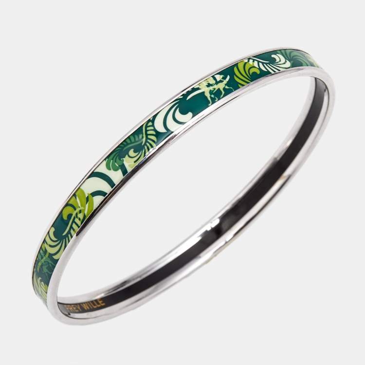 Pre Owned Frey Wille Green Fire Enamel Silver Tone Ultra Bangle Bracelet
