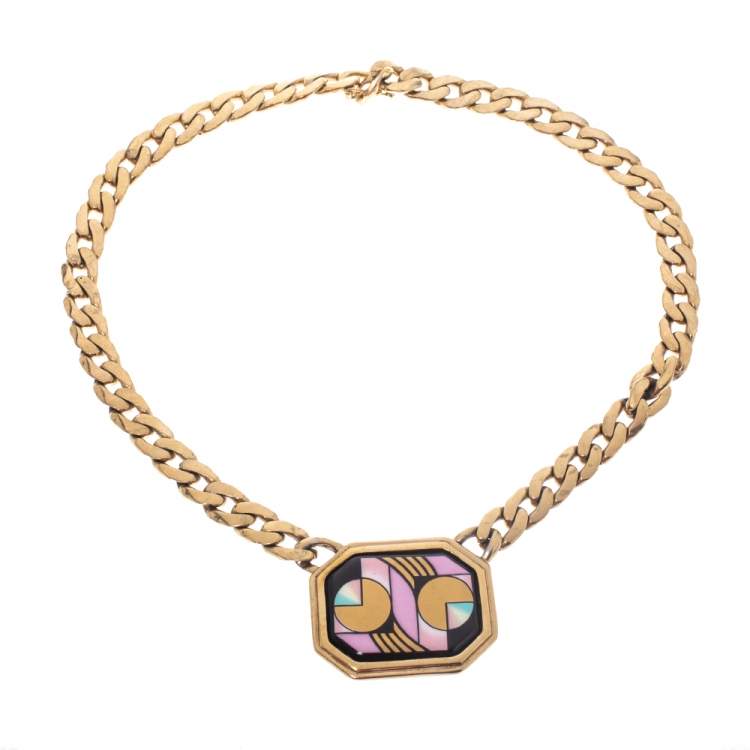Pre Owned Frey Wille Vintage Multicolor Fire Enamel Chain Link Pendant Necklace