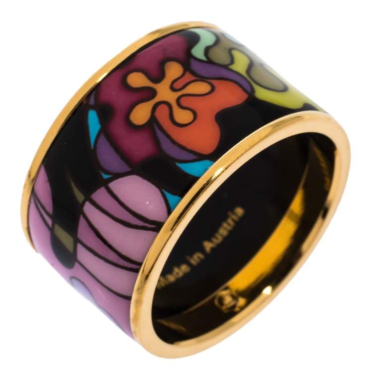 Pre Owned Frey Wille Multicolor Fire Enamel Gold Plated Band Ring Size 56