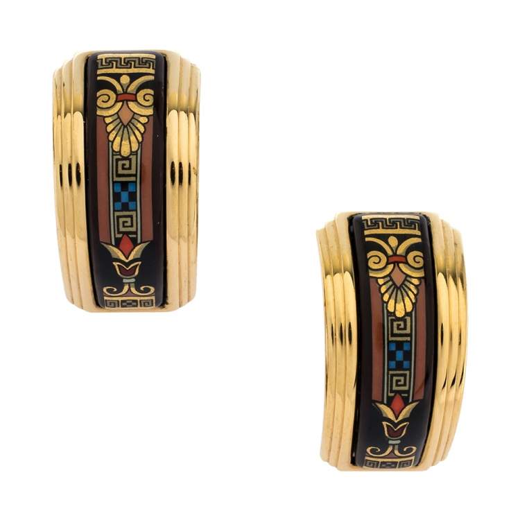 Pre Owned Frey Wille Multicolor Fire Enamel Gold Plated Hoop Earrings