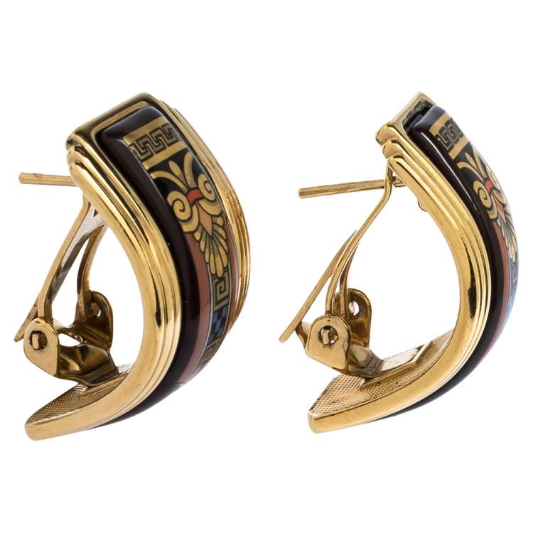 Pre Owned Frey Wille Multicolor Fire Enamel Gold Plated Hoop Earrings