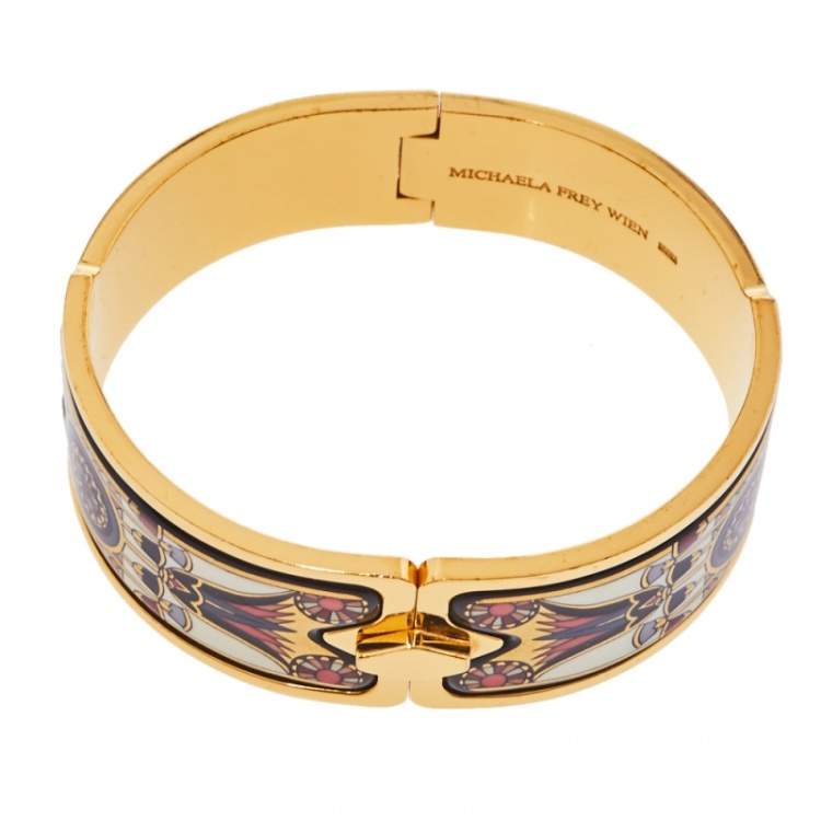 Pre Owned Frey Wille Vintage Fire Enamel Motif Gold Plated Hinged Bangle